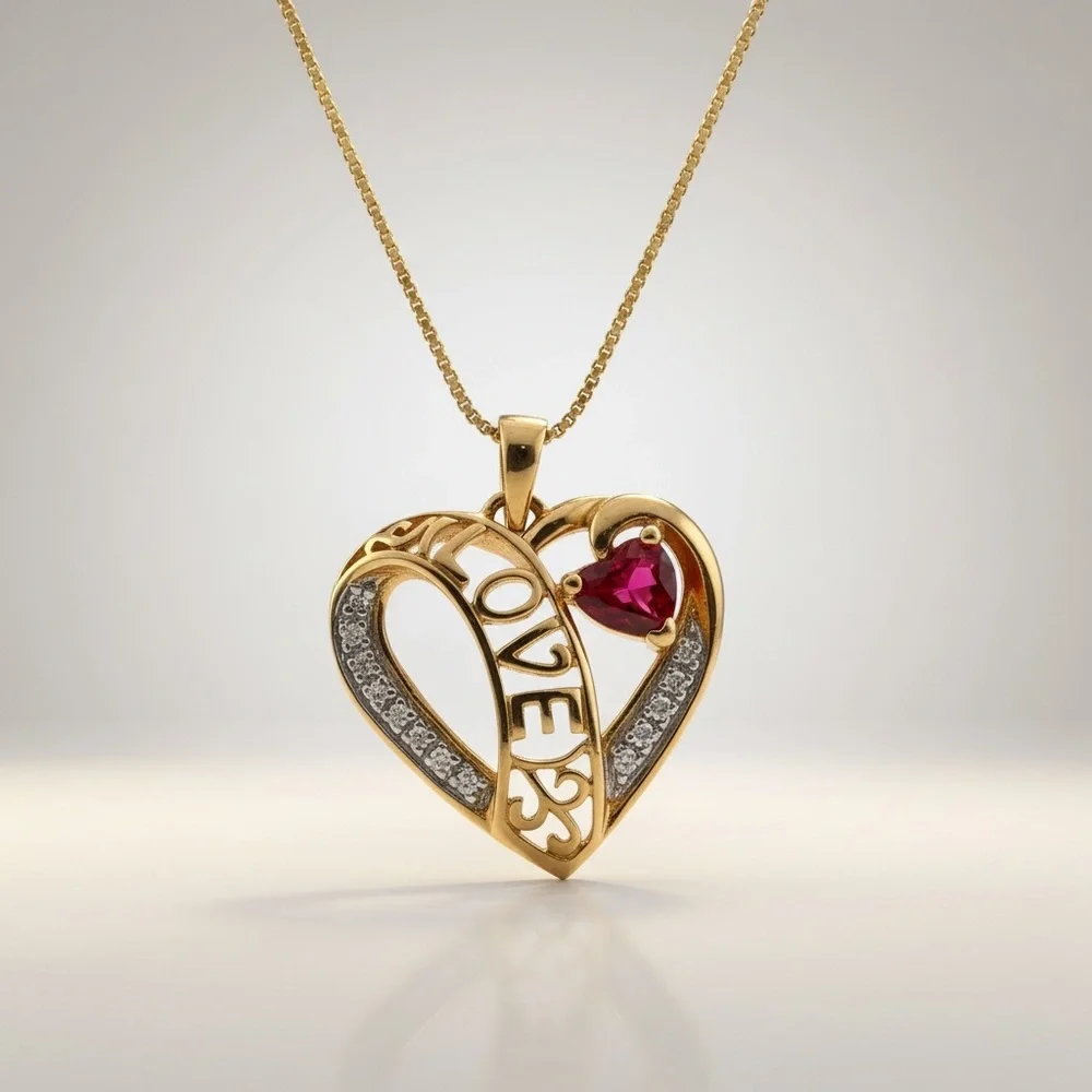 VTG LOVE Heart Pendant Necklace 18k Over Sterling Created Ruby Diamond Accent
